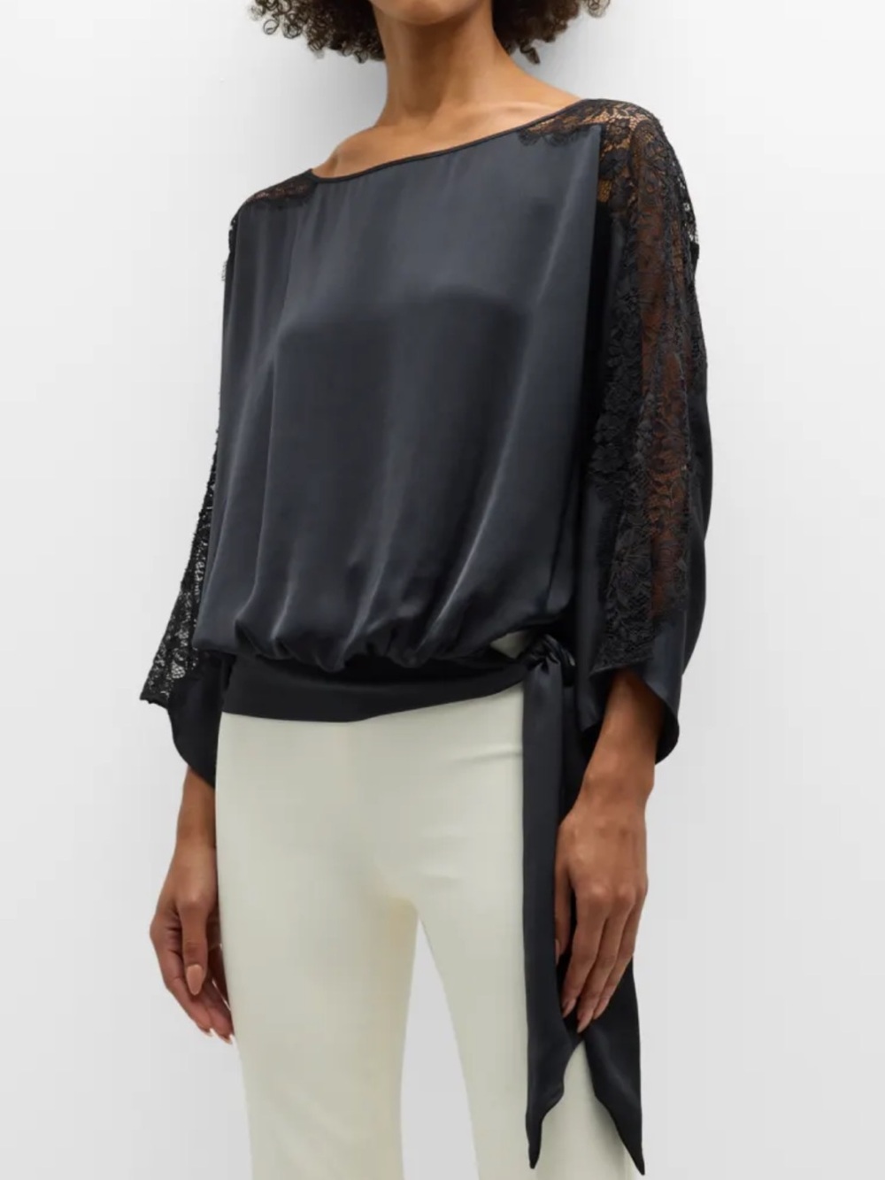 Ramy Brook Alessia Black Silk Lace Blouse XS NWT Designer Tie Waist Top Luxury